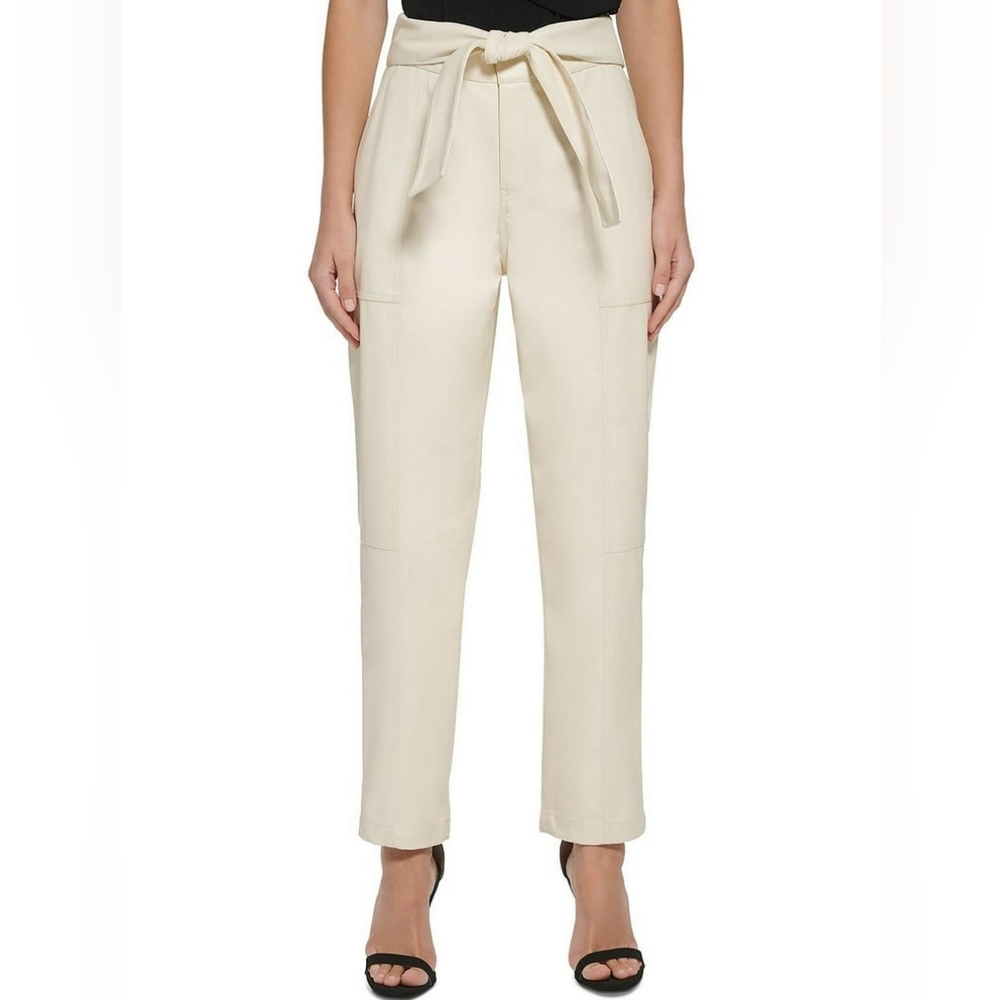 DKNY Faux Leather Cream Tie-Waist Pants